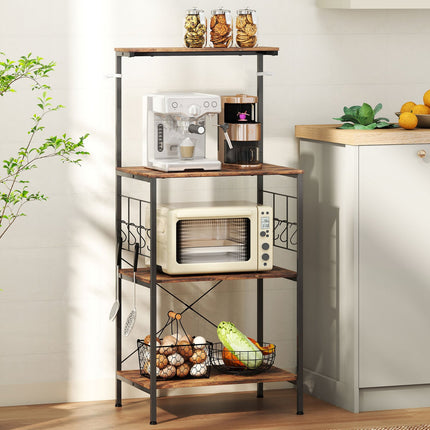 Kitchen Shelf, 4-Tier, Countertop, 8 Hooks, Metal, Brown/Black