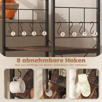 Kitchen Shelf, 4-Tier, Countertop, 8 Hooks, Metal, Brown/Black
