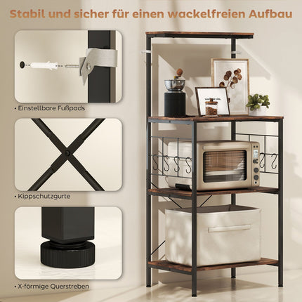 Kitchen Shelf, 4-Tier, Countertop, 8 Hooks, Metal, Brown/Black