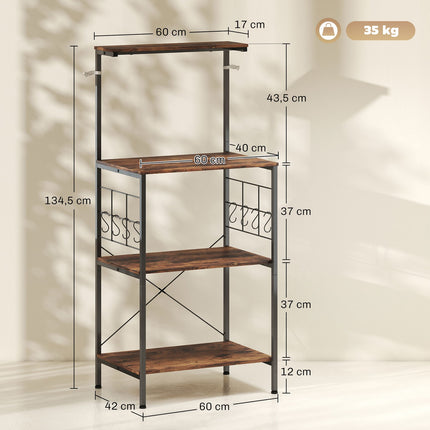Kitchen Shelf, 4-Tier, Countertop, 8 Hooks, Metal, Brown/Black