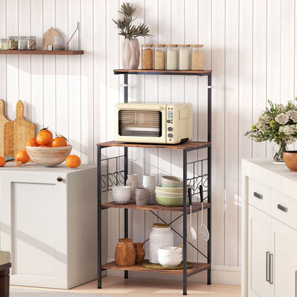 Kitchen Shelf, 4-Tier, Countertop, 8 Hooks, Metal, Brown/Black