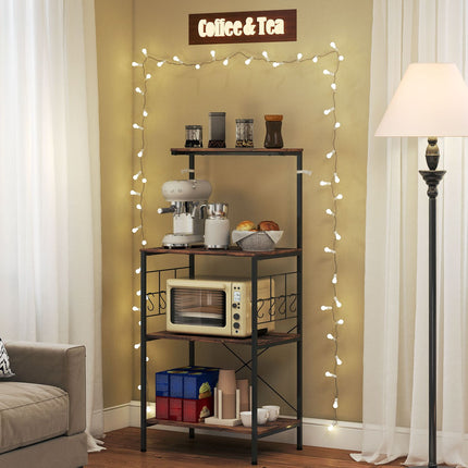 Kitchen Shelf, 4-Tier, Countertop, 8 Hooks, Metal, Brown/Black
