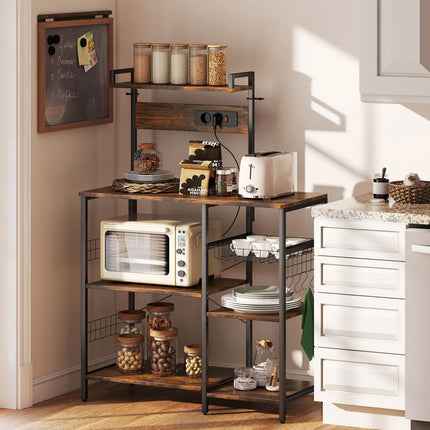 Kitchen Shelf with 2 Outlets, 5 Hooks, 5 Tiers, Steel