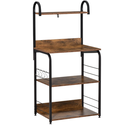 Kitchen Shelf with 3 Tiers & 4 Hooks, Rustic Brown, 60x40x125 cm