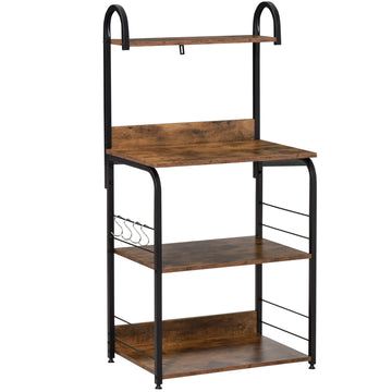 Kitchen Shelf with 3 Tiers & 4 Hooks, Rustic Brown, 60x40x125 cm