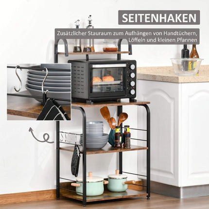 Kitchen Shelf with 3 Tiers & 4 Hooks, Rustic Brown, 60x40x125 cm