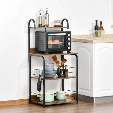 Kitchen Shelf with 3 Tiers & 4 Hooks, Rustic Brown, 60x40x125 cm