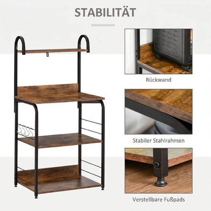 Kitchen Shelf with 3 Tiers & 4 Hooks, Rustic Brown, 60x40x125 cm