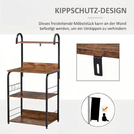 Kitchen Shelf with 3 Tiers & 4 Hooks, Rustic Brown, 60x40x125 cm