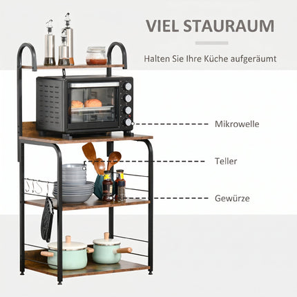 Kitchen Shelf with 3 Tiers & 4 Hooks, Rustic Brown, 60x40x125 cm