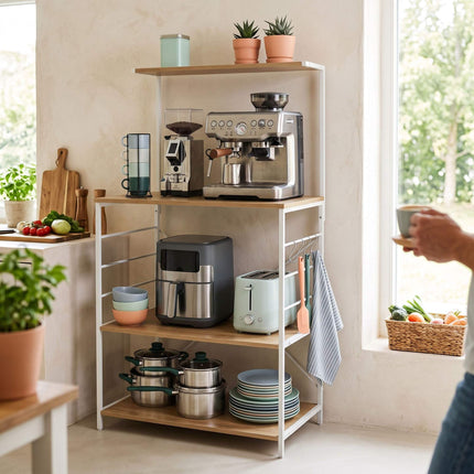 Kitchen Shelf with 4 Tiers & Hooks – Wood Look, MDF & Metal
