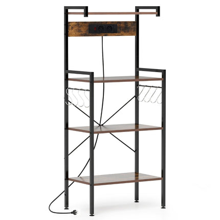 Kitchen Shelf with Outlet & 8 S-Hooks – Brown, 4-Tier