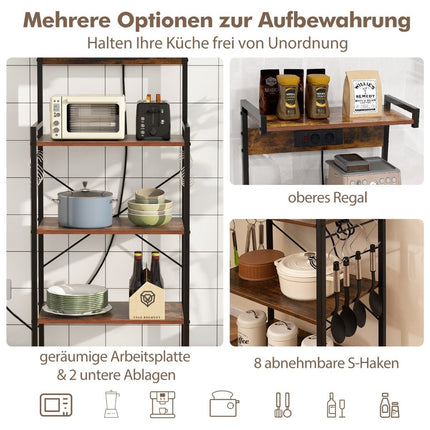 Kitchen Shelf with Outlet & 8 S-Hooks – Brown, 4-Tier