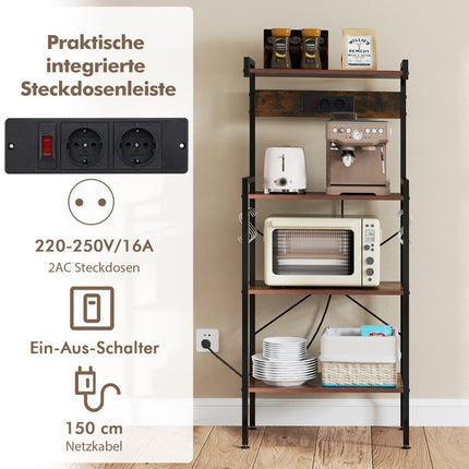 Kitchen Shelf with Outlet & 8 S-Hooks – Brown, 4-Tier