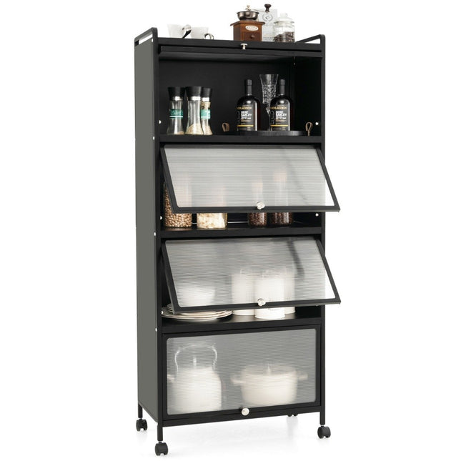 Kitchen Shelf with Wheels Mobile Microwave Stand with Hinged PC Doors 60 x 32 x 154 cm Black