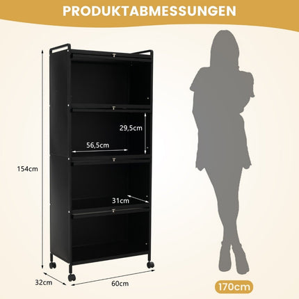 Kitchen Shelf with Wheels Mobile Microwave Stand with Hinged PC Doors 60 x 32 x 154 cm Black