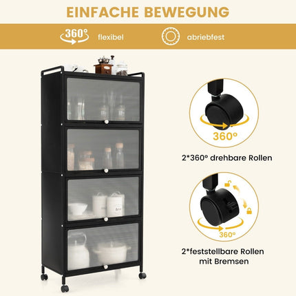 Kitchen Shelf with Wheels Mobile Microwave Stand with Hinged PC Doors 60 x 32 x 154 cm Black