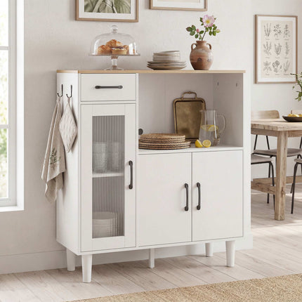 Kitchen Sideboard with Drawer, 2 Cabinets, Open Shelf
