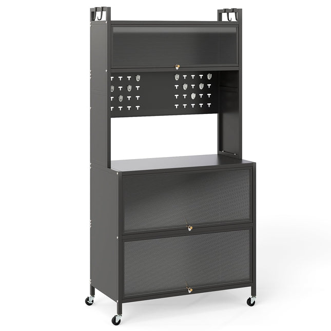 Kitchen Storage Cabinet with Wheels, Folding Doors, Hooks