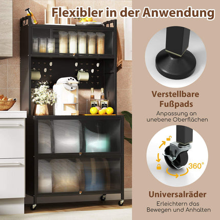 Kitchen Storage Cabinet with Wheels, Folding Doors, Hooks