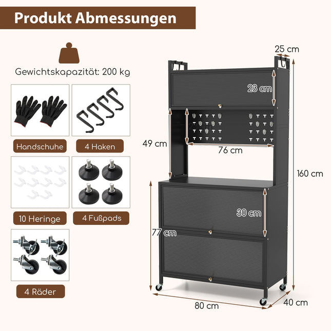 Kitchen Storage Cabinet with Wheels, Folding Doors, Hooks