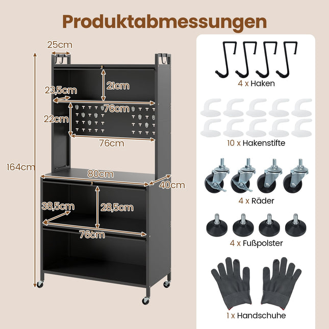 Kitchen Storage Cabinet with Wheels, Folding Doors, Hooks
