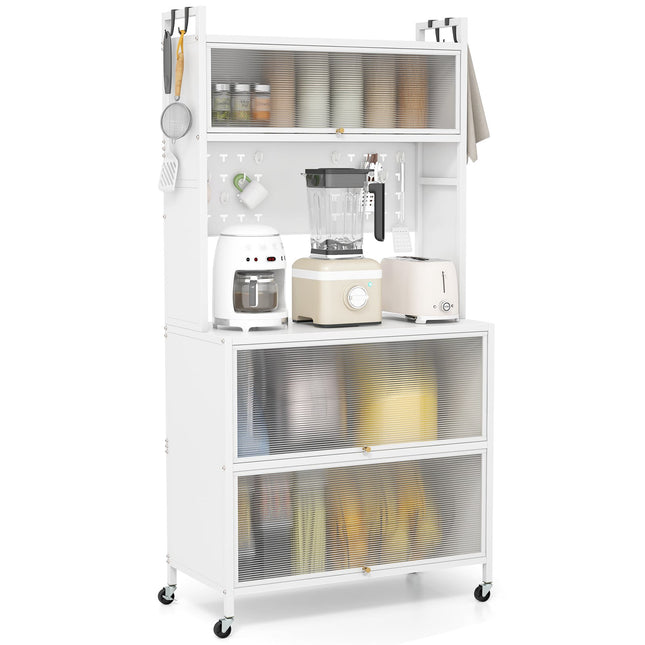 Kitchen Storage Cabinet with Wheels, Folding Doors, Hooks