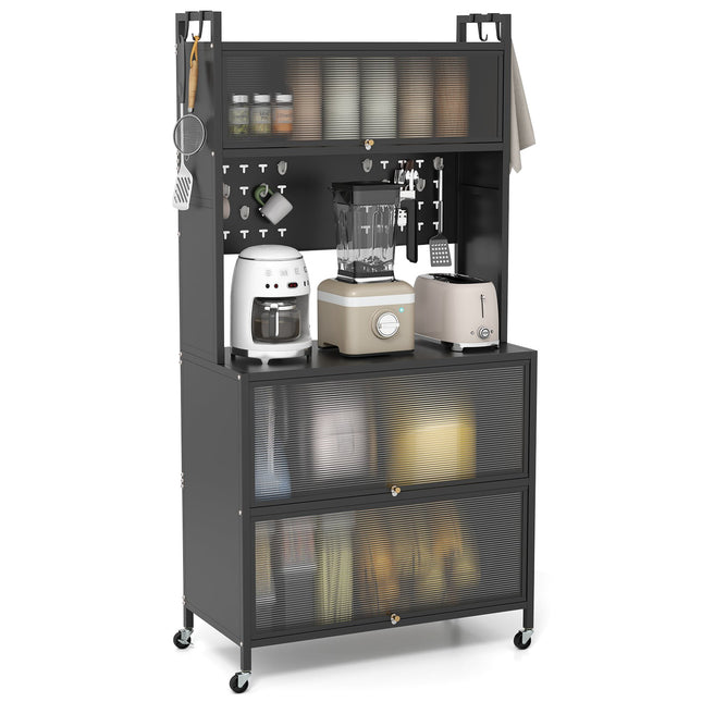 Kitchen Storage Cabinet with Wheels, Folding Doors, Hooks
