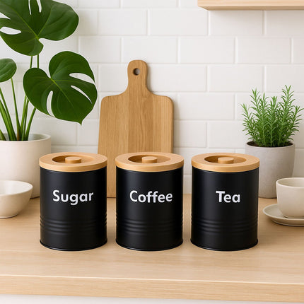 Kitchen Storage Canister Set – Metal, Bamboo Lids, 3-Piece