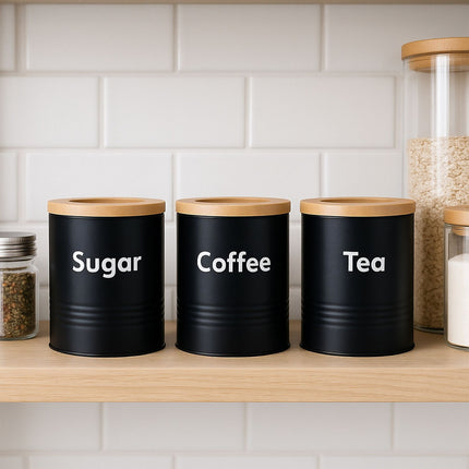 Kitchen Storage Canister Set – Metal, Bamboo Lids, 3-Piece