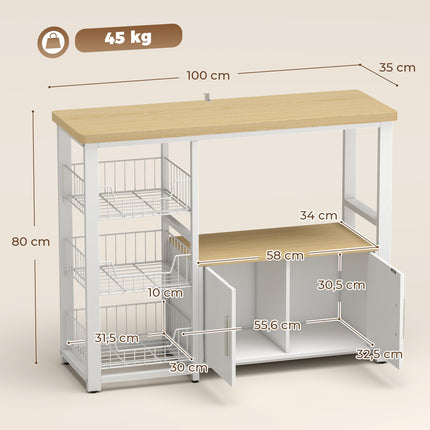 Kitchen Storage Rack with 3 Baskets, Cabinet, White, 100x35x80 cm