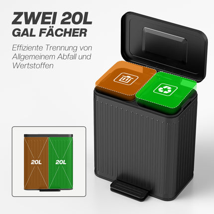 Kitchen Trash Can, 40L Dual Compartment, Pedal-Operated