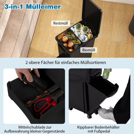 Kitchen Trash Can with 3 Compartments, Black, 4 Wheels