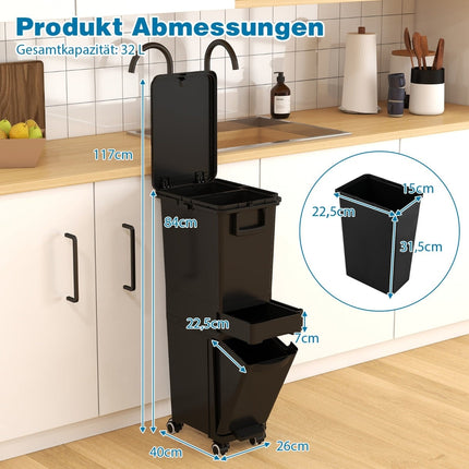 Kitchen Trash Can with 3 Compartments, Black, 4 Wheels