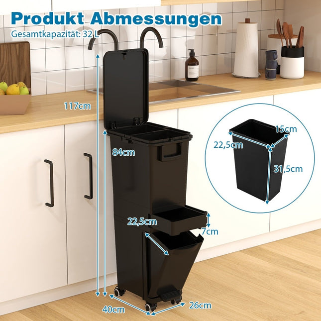 Kitchen Trash Can with 3 Compartments, Black, 4 Wheels