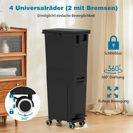 Kitchen Trash Can with 3 Compartments, Black, 4 Wheels