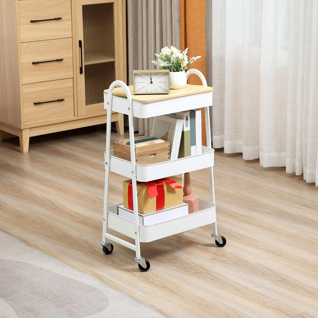 3-level metal kitchen trolley with large storage, white