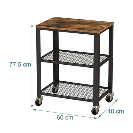 Kitchen Trolley, 3-Tier, Steel Frame, Wood Shelves