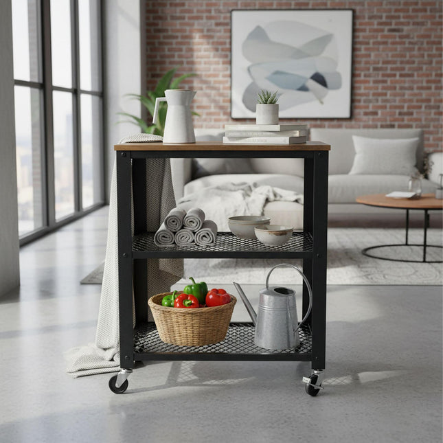 Kitchen Trolley, 3-Tier, Steel Frame, Wood Shelves