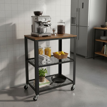 Kitchen Trolley, 3-Tier, Steel Frame, Wood Shelves