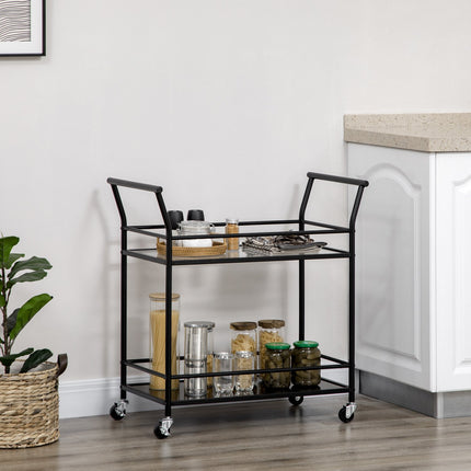 Black Rolling Kitchen Storage Cart - 2 Shelves, Metal
