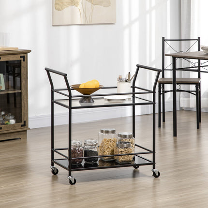 Black Rolling Kitchen Storage Cart - 2 Shelves, Metal