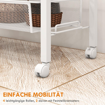 Kitchen trolley, 3-level with basket & hooks, white steel