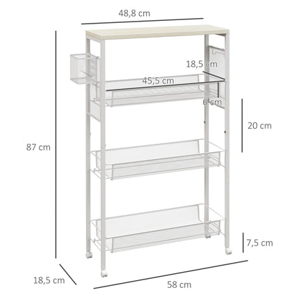 Kitchen trolley, 3-level with basket & hooks, white steel