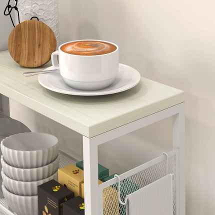 Kitchen trolley, 3-level with basket & hooks, white steel