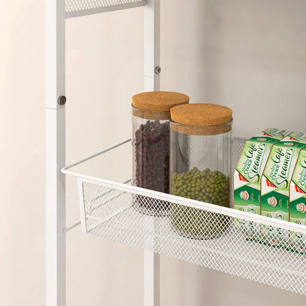 Kitchen trolley, 3-level with basket & hooks, white steel
