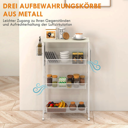 Kitchen trolley, 3-level with basket & hooks, white steel