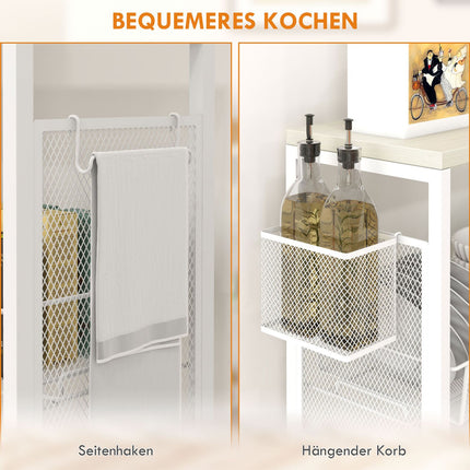 Kitchen trolley, 3-level with basket & hooks, white steel