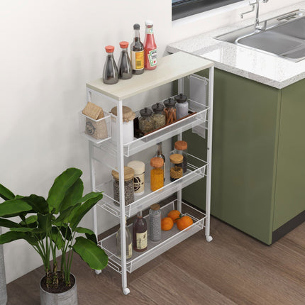 Kitchen trolley, 3-level with basket & hooks, white steel