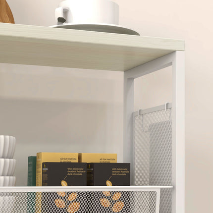 Kitchen trolley, 3-level with basket & hooks, white steel